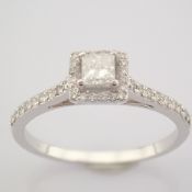 Certificated 14K White Gold Princess Cut Diamond & Diamond Ring (Total 0.37 Ct. Ston...