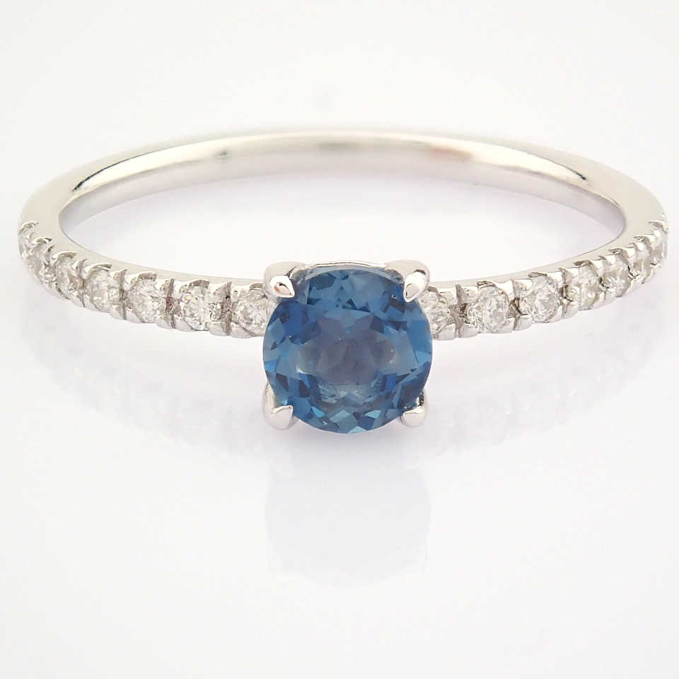 Certificated 14K White Gold Diamond & London Blue Topaz Ring (Total 0.59 Ct. Stone)