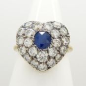 A hand-made, certificated, sapphire and diamond cluster heart-shaped ring in 18ct yellow gold