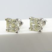 A pair of 18ct white gold 2.00ct princess-cut diamond stud earrings with screw backs, boxed