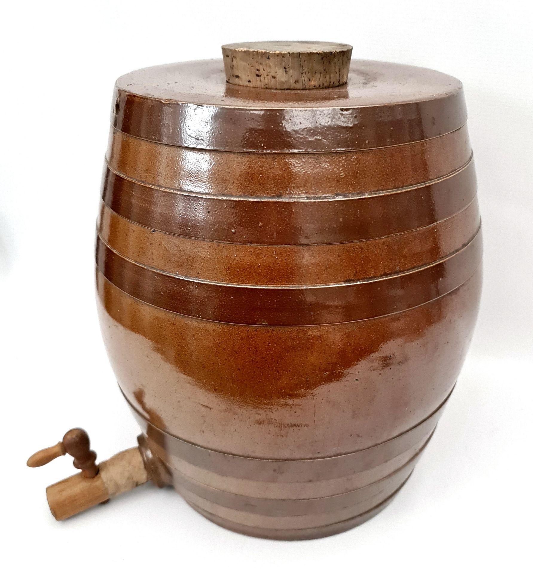 Vintage Retro Stoneware Water Barrel. Measures 15 inches tall and 10 inches diameter.