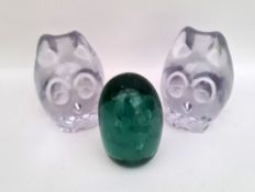 Vintage Glass Dump Weight & Glass Owl Paper Weights. The owls are 4 inches tall.