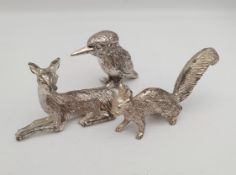 3 x Cast Metal Animal Figures Kingfisher Deer & Squirrel