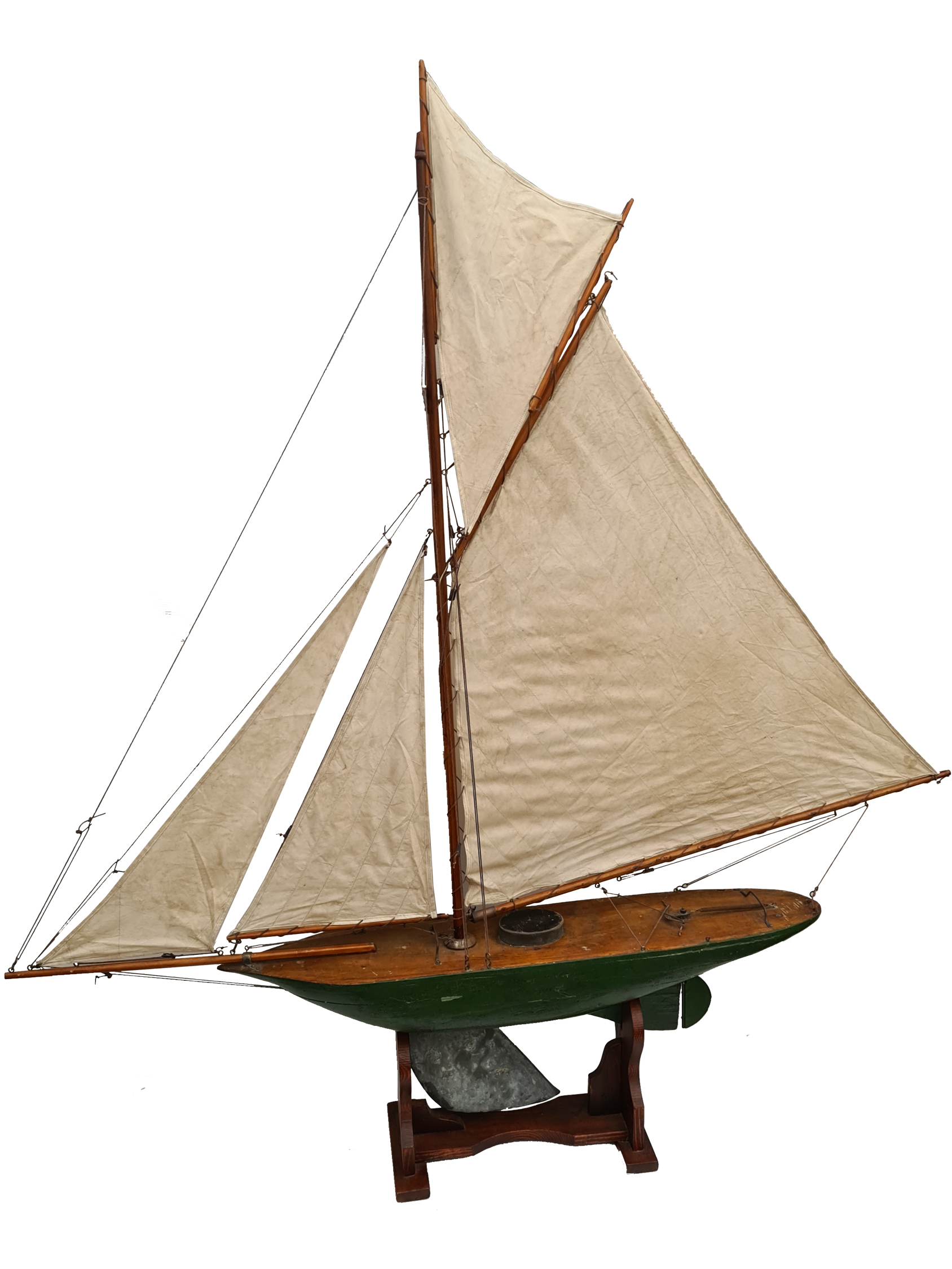 Victorian Pond Yacht Green Hull Fully Rigged Measures 138cm long 147cm tall