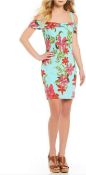 Guess Aqua Pink Cold - Shoulder Floral Print Bodycon Dress - Size S