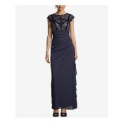 Betsy & Adam Womens Navy Ruched Lace Bodice Gown Cap Sleeve Jewel Neck Full-Length Evening Dress UK