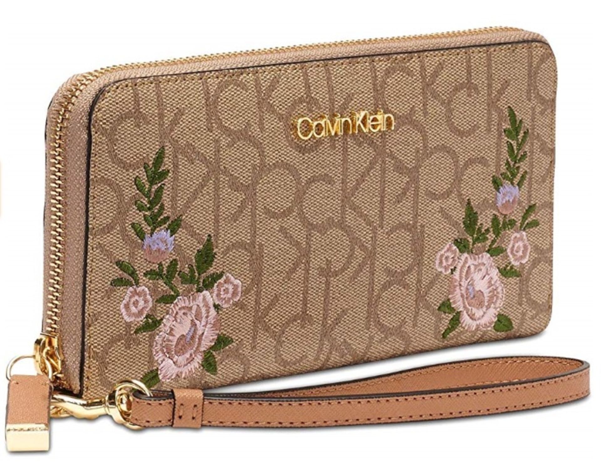 Calvin Klein Pink Floral Embroidered Saffiano Leather Wallet Wristlet RRP £114 - Image 2 of 4