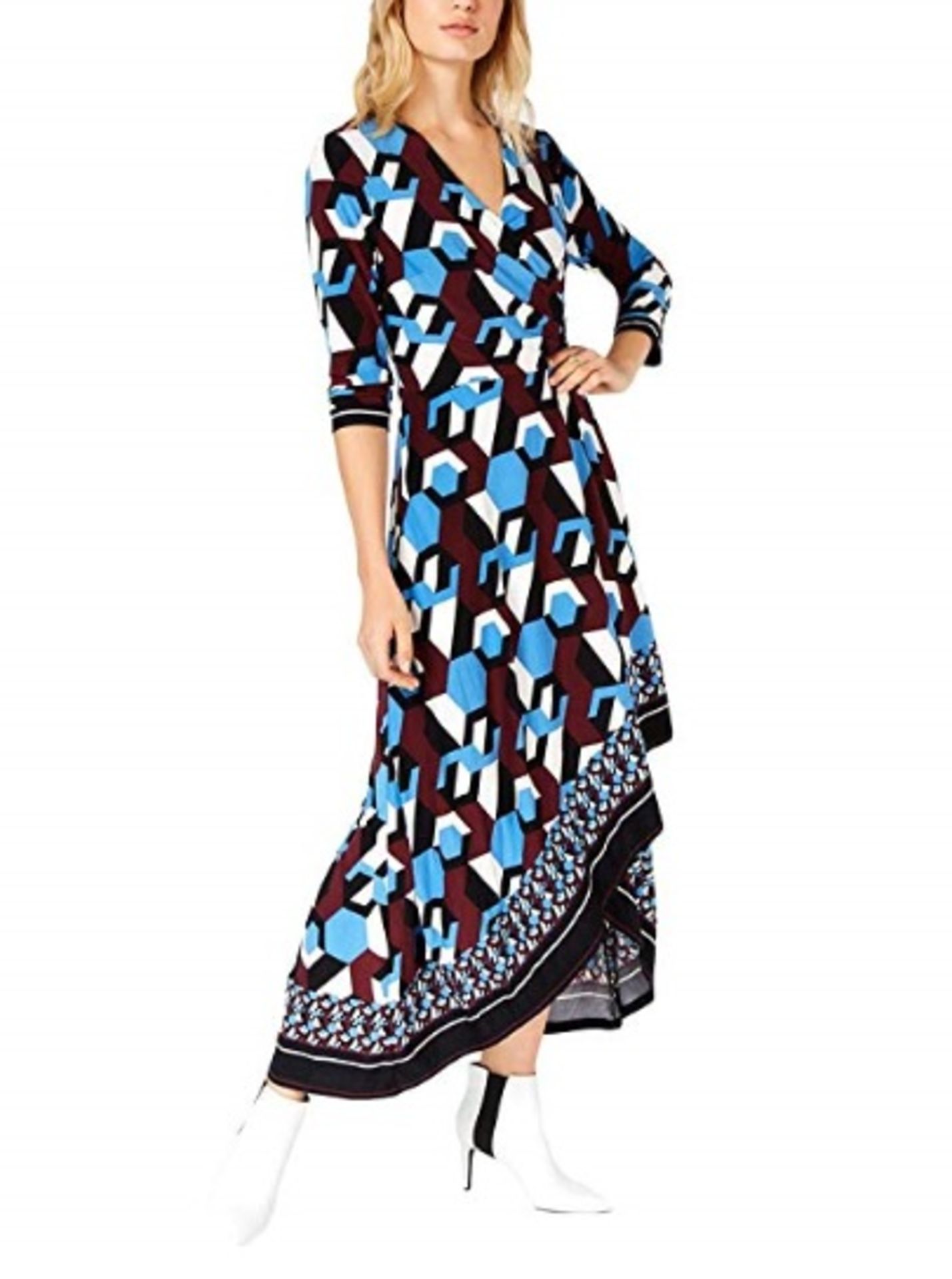 Inc Womens Blue Printed Asymmetrical Hem 3/4 Sleeve V Neck Tea-Length Wrap Dress Size: S RRP £80