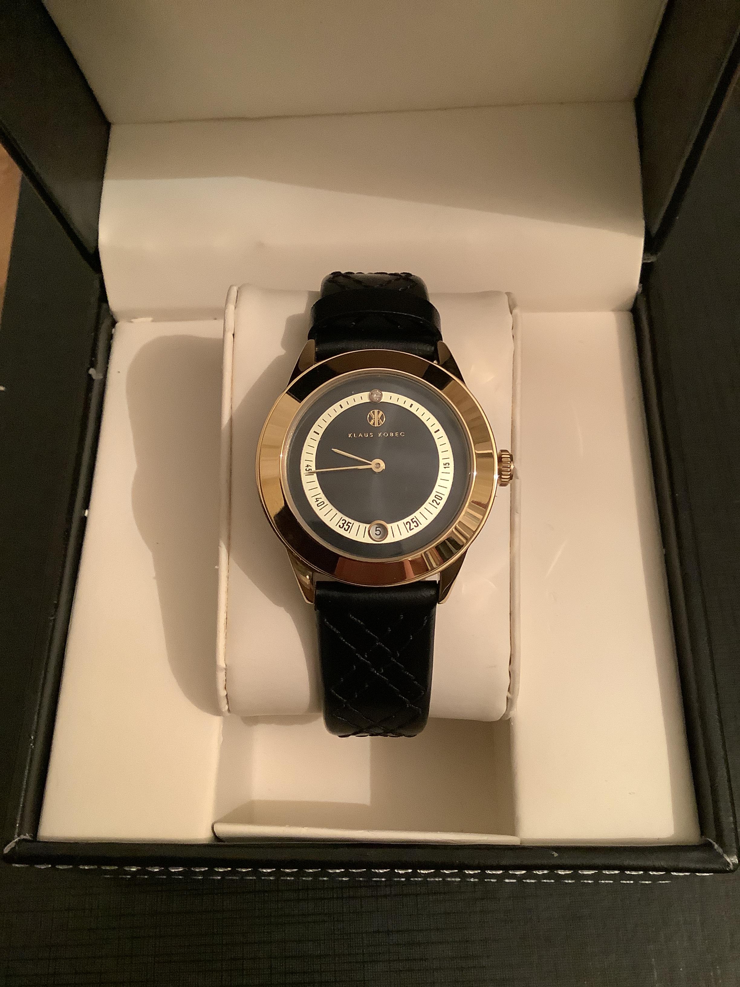 Stunning as new Klaus Kobec Gold Plated Unisex Wristwatch with Diamond & Leather Strap (GS 171)