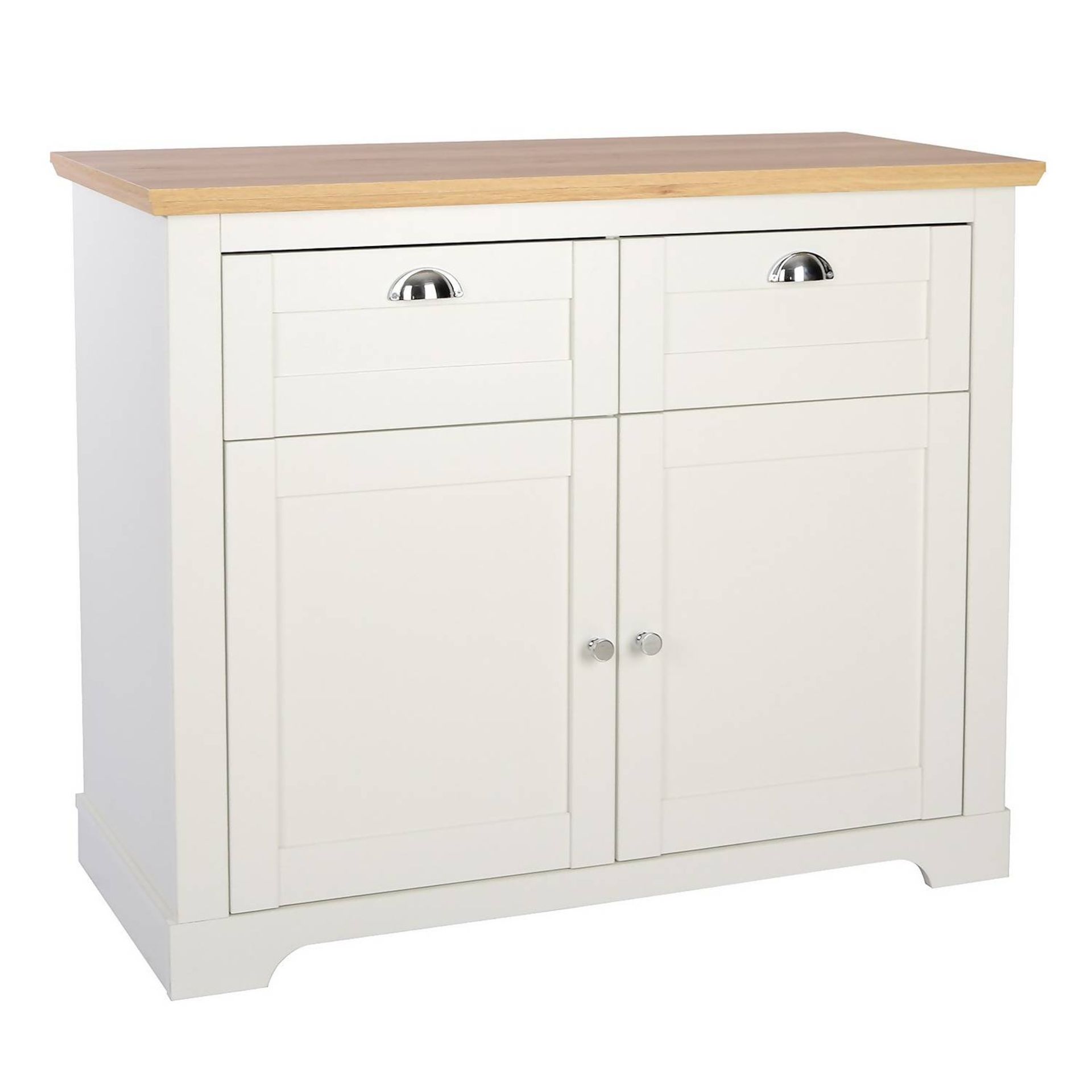 (1C) 1x Diva Compact Sideboard Ivory RRP £173. Ivory Finish With Oak Effect Top. Two Drawers And Tw