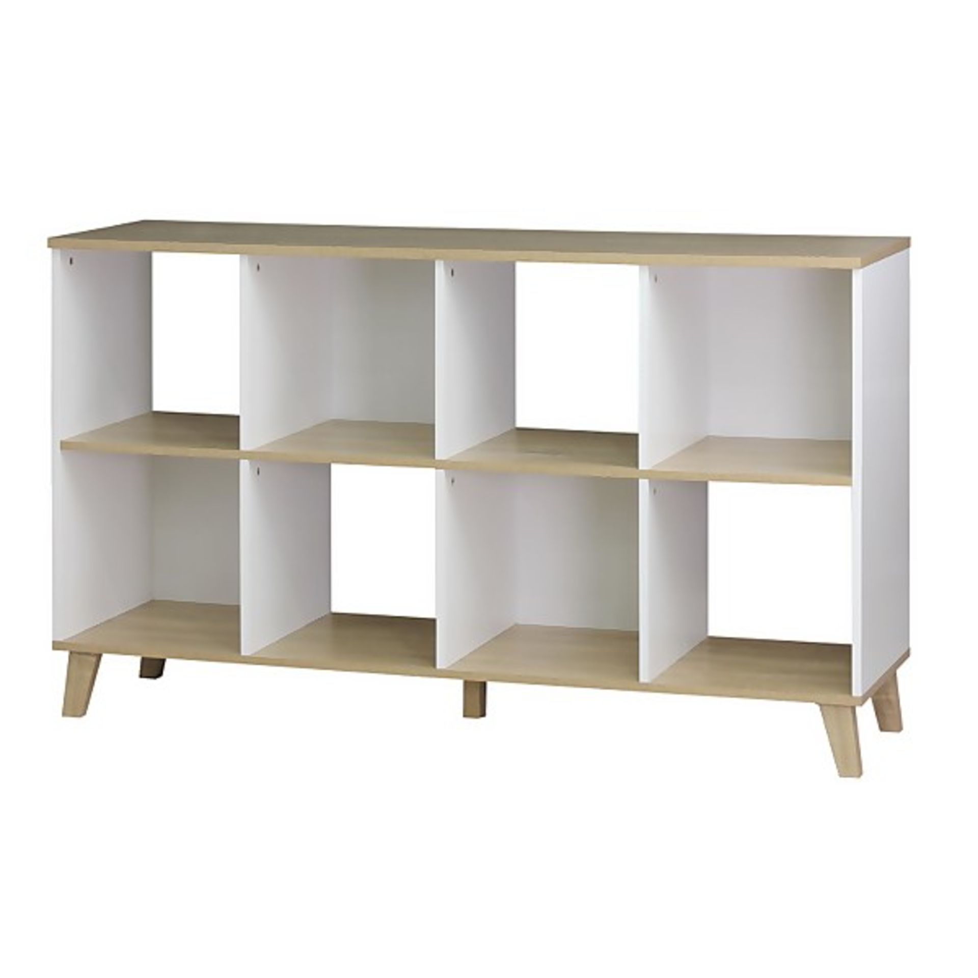 (1B) 1x Living Elements Clever Cube 4x2 Cube Storage Unit With Wooden Legs RRP £48. White / Oak Fin