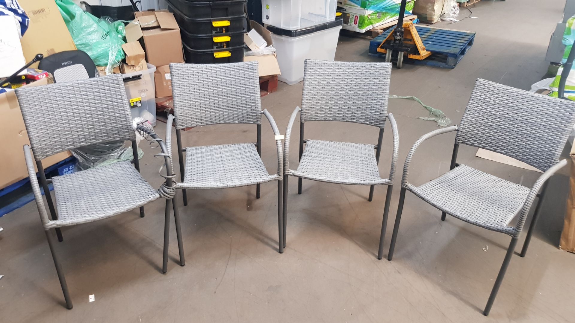 (Mz) 4x Grey Bambrick Rattan Stackable Chairs. (1x Has Loose Rattan & Bent Leg – See Photo)