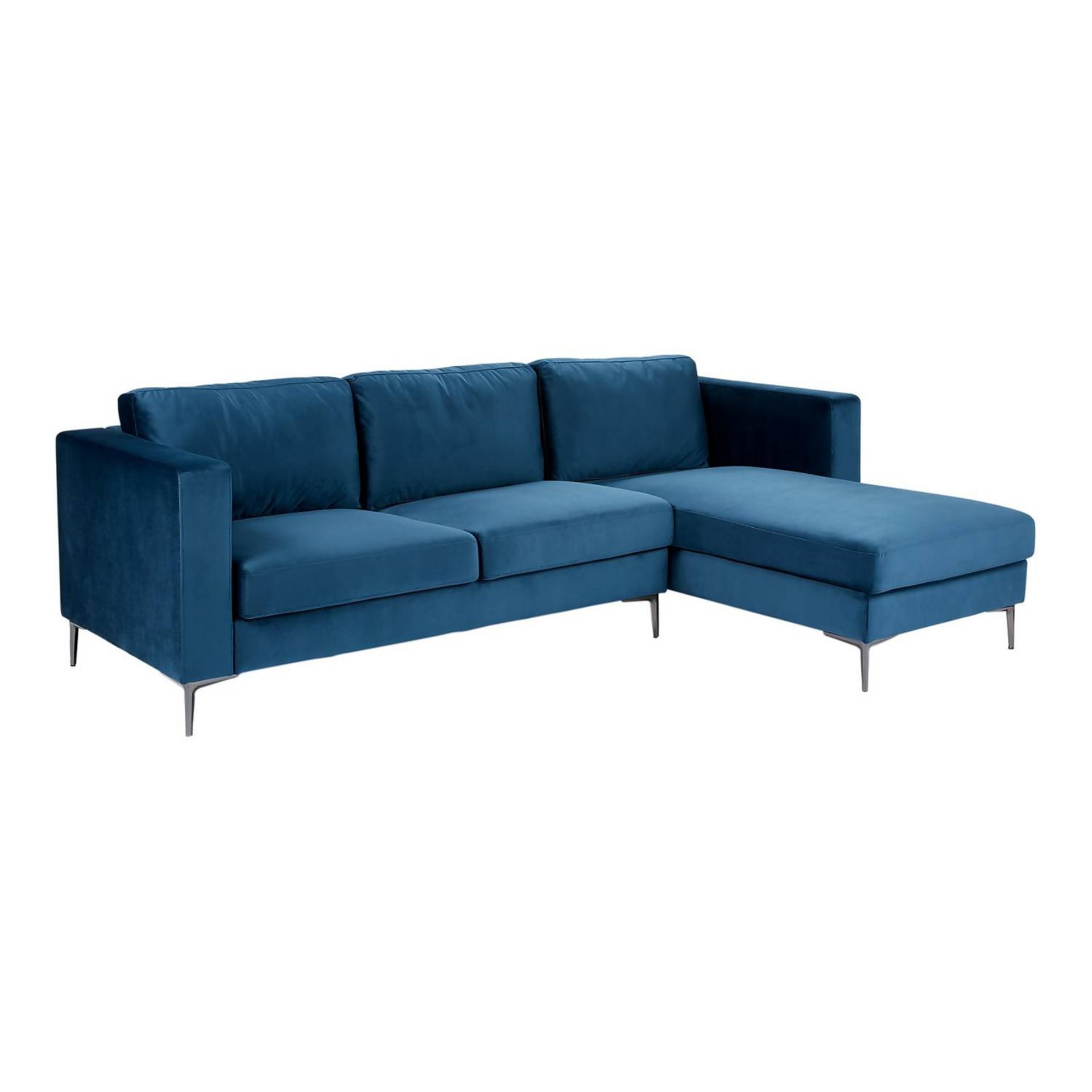 (P5) 1x Donna Deco Right Hand Corner Sofa Blue RRP £600. Unit Is Clean & Unused With 2x Unopened Fe