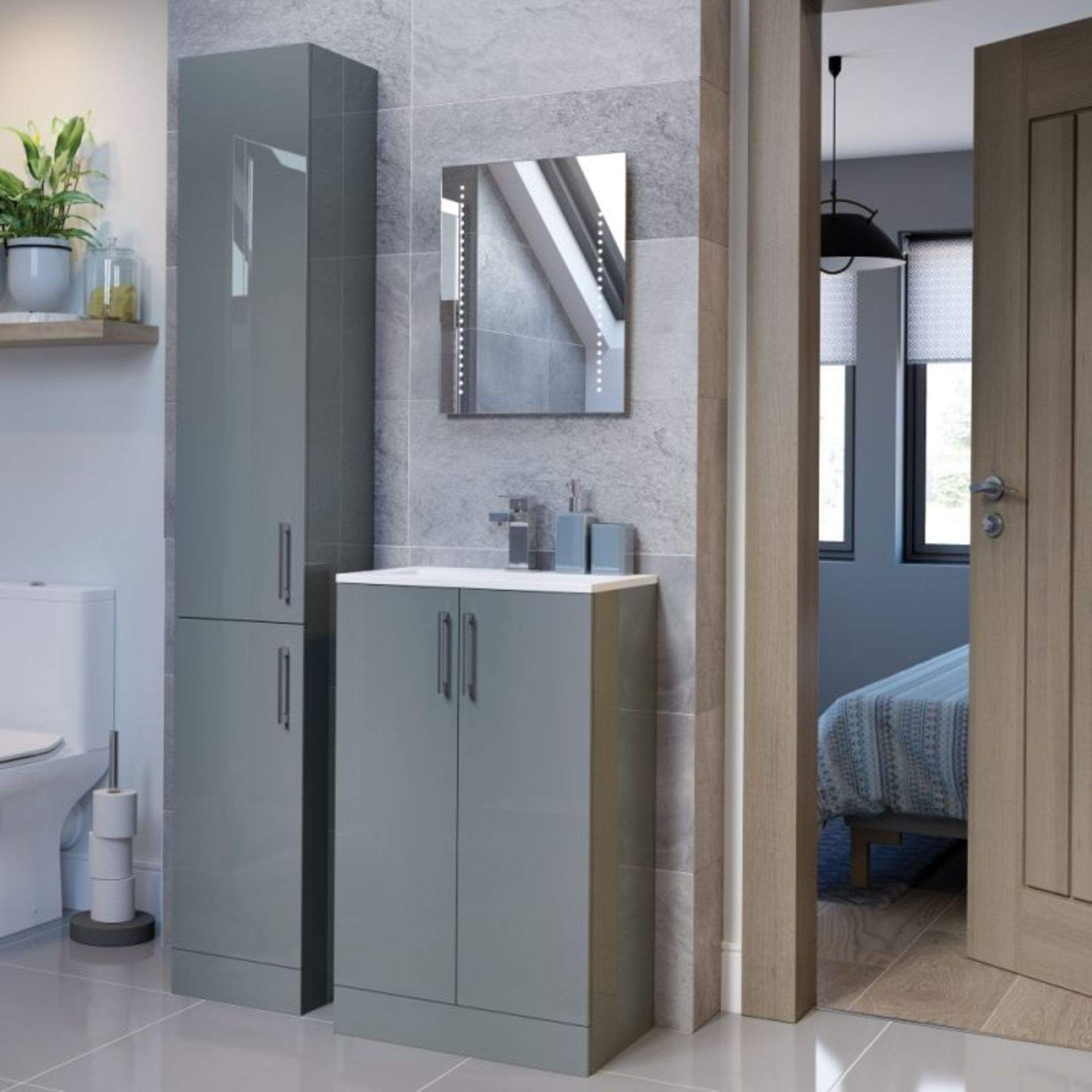 New (Y106) Volta 300mm 2 Door Floor Standing Tall Unit - Grey Gloss. RRP £326.00. Soft Close...