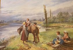 Myles Birket Foster watercolour depicting children getting a pony ride