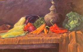 Superb large oil painting depicting a still life of winter vegetables by Peter Munro