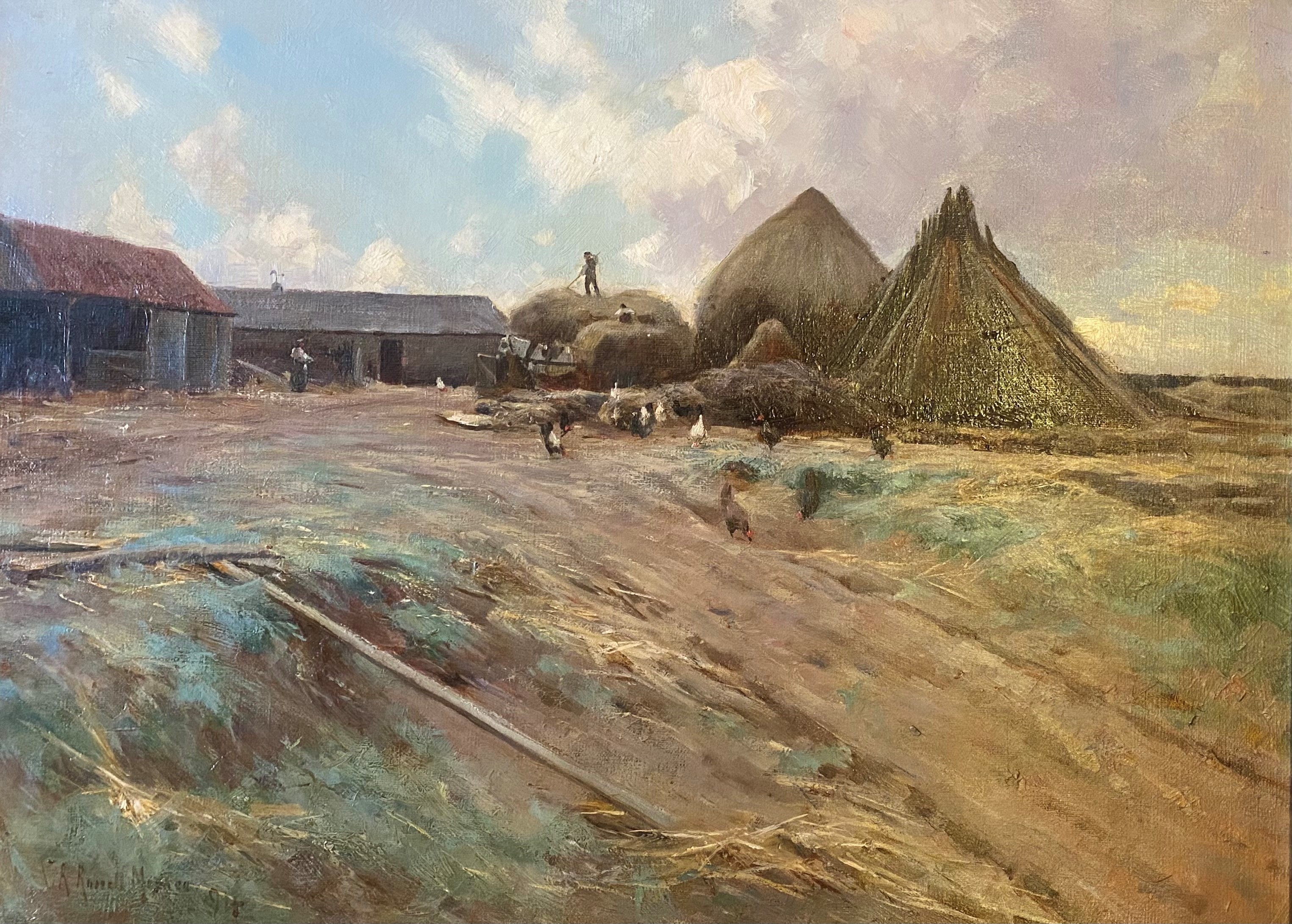 Robert Russell MacNee 1880-1952 signed oil painting Stacking hay