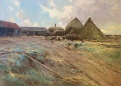 Robert Russell MacNee 1880-1952 signed oil painting Stacking hay