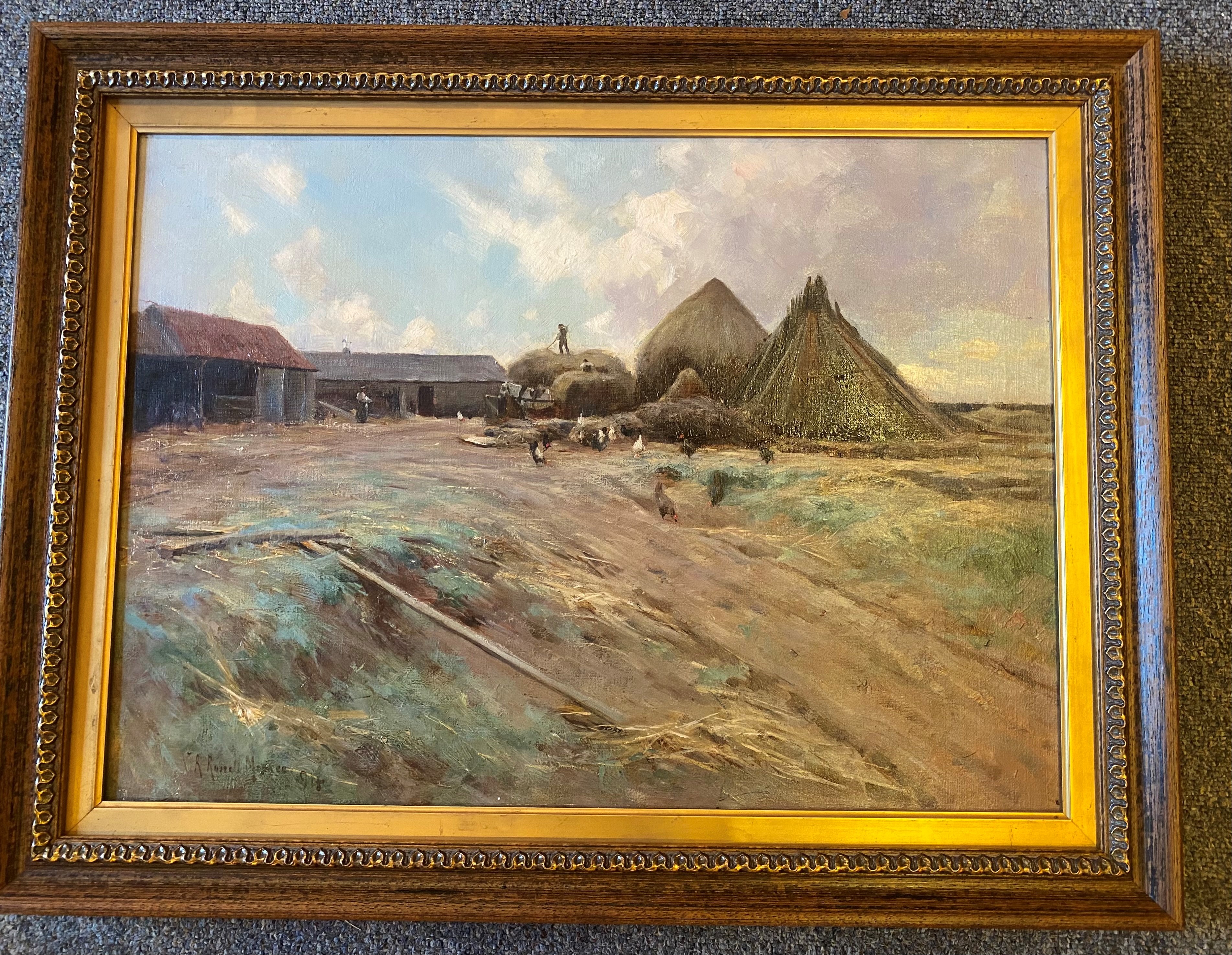 Robert Russell MacNee 1880-1952 signed oil painting Stacking hay - Image 2 of 3