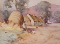 Robert Russell Macnee signed watercolour Haystacks in farmyard