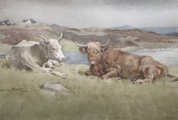 John Murray Thomson 1885-1974 R.S.A, R.S.W, P.S.S. A watercolour Highland longhorn cattle