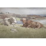 John Murray Thomson 1885-1974 R.S.A, R.S.W, P.S.S. A watercolour Highland longhorn cattle