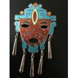 Vintage Castellan Mexican Enamel Sterling Silver Aztec Mayan Mask Brooch Pendant
