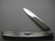 Rare Large Double Duty Marked Mother of Pearl Hafted Silver Fruit Knife