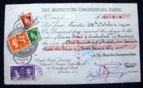 1940 WWII Mauritius Bank Cheque