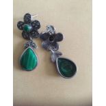 Vintage Silver Marcasite and Green Malachite Earrings