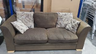 (16) 1x Brown Sofa With 1x Brown Back Cushion & 4x Brown Patterned Cushions. (Used Condition). (W20