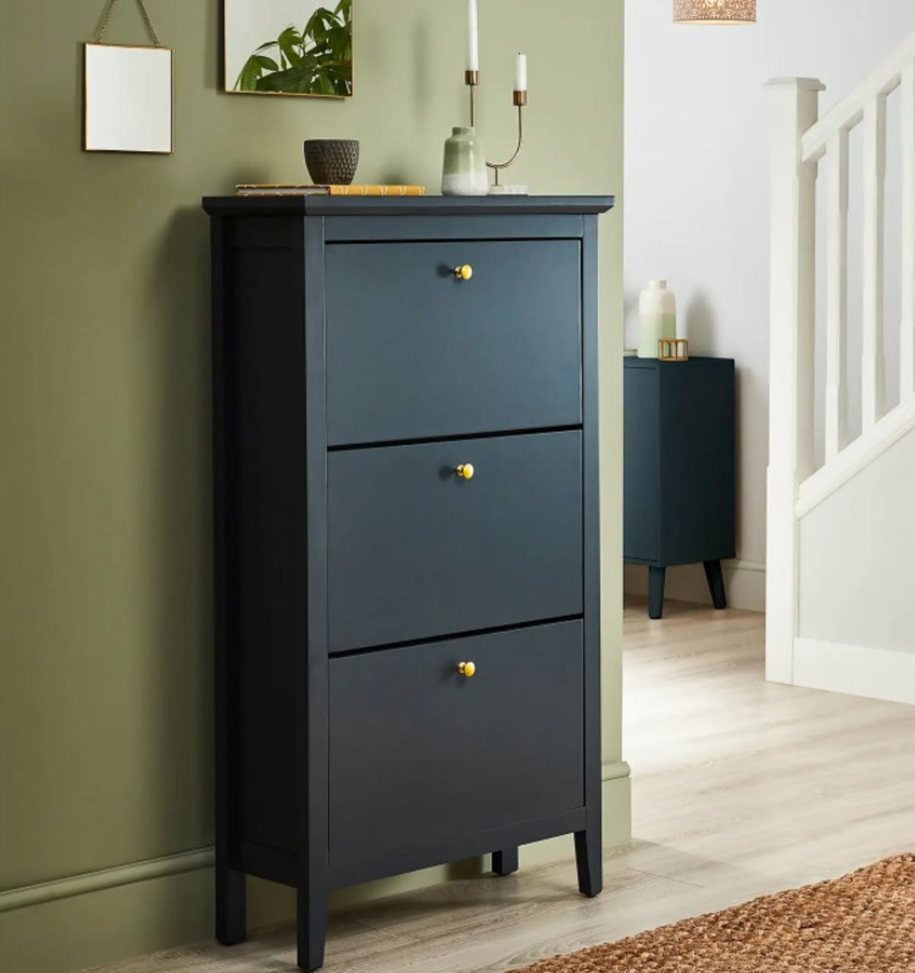 (P15) 1x Hamilton Shoe Cabinet Navy RRP £80. (H122x W70x D26cm).