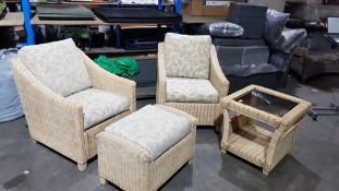 (P) 4x Rattan Furniture Items. 2x Armchairs With 2x Cushions. 1x Stool With 1x Cushion. 1x Occasion