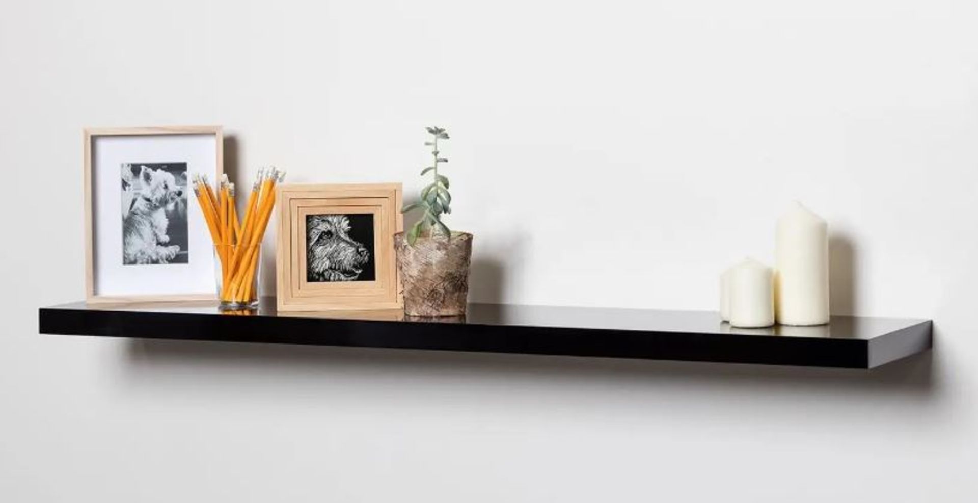 (10L) 6x Flexi Storage Items. 3x Floating Shelf Black Gloss (W1200x D235x H38mm). 3x Floating Shelf