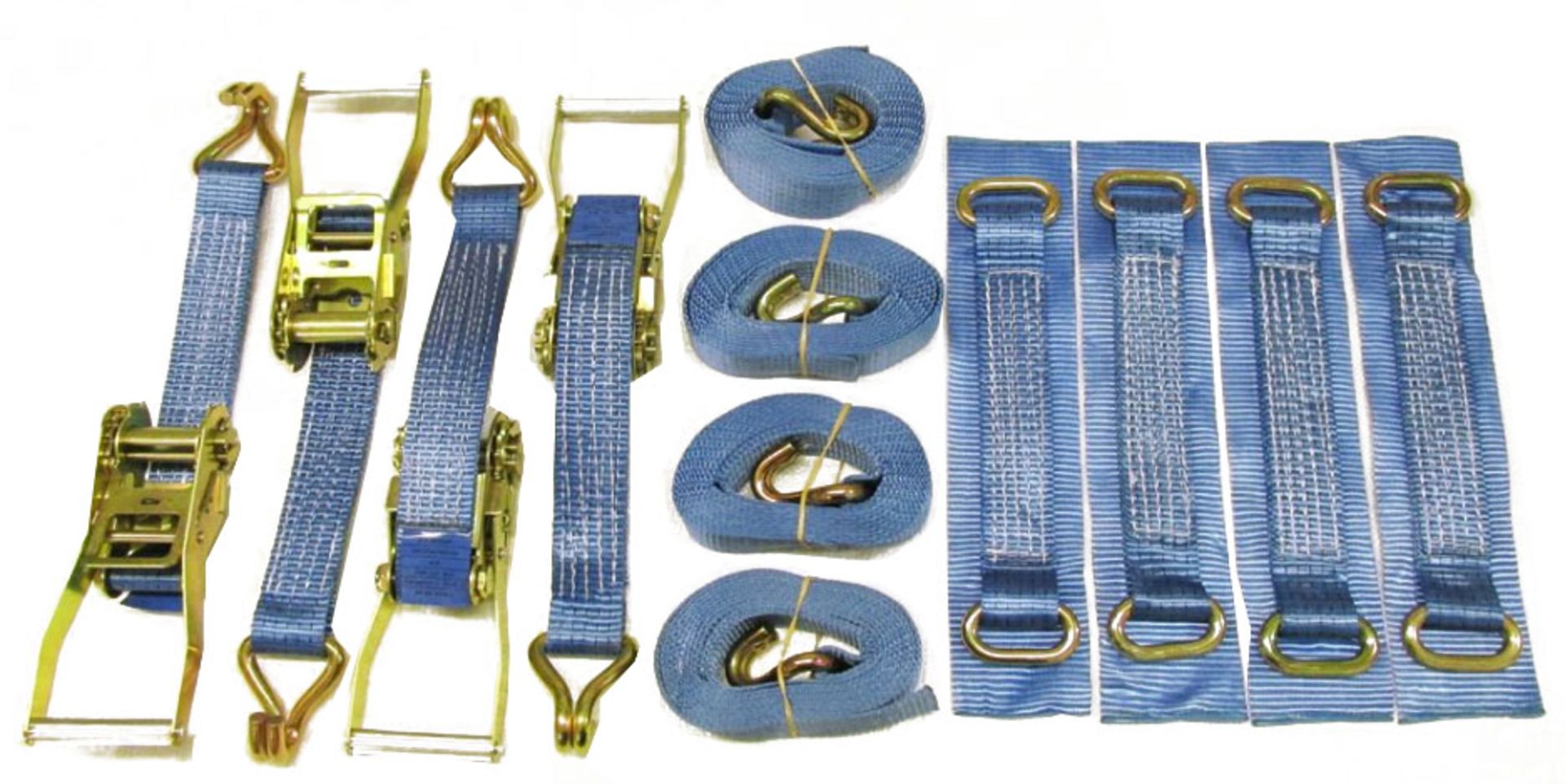 20 X PACK OF 4 - 35MM X 4 METRE RATCHET LASHINGS WITH CLAW HOOK AND 4 ROUND SLING STRAPS (RLPACK35)