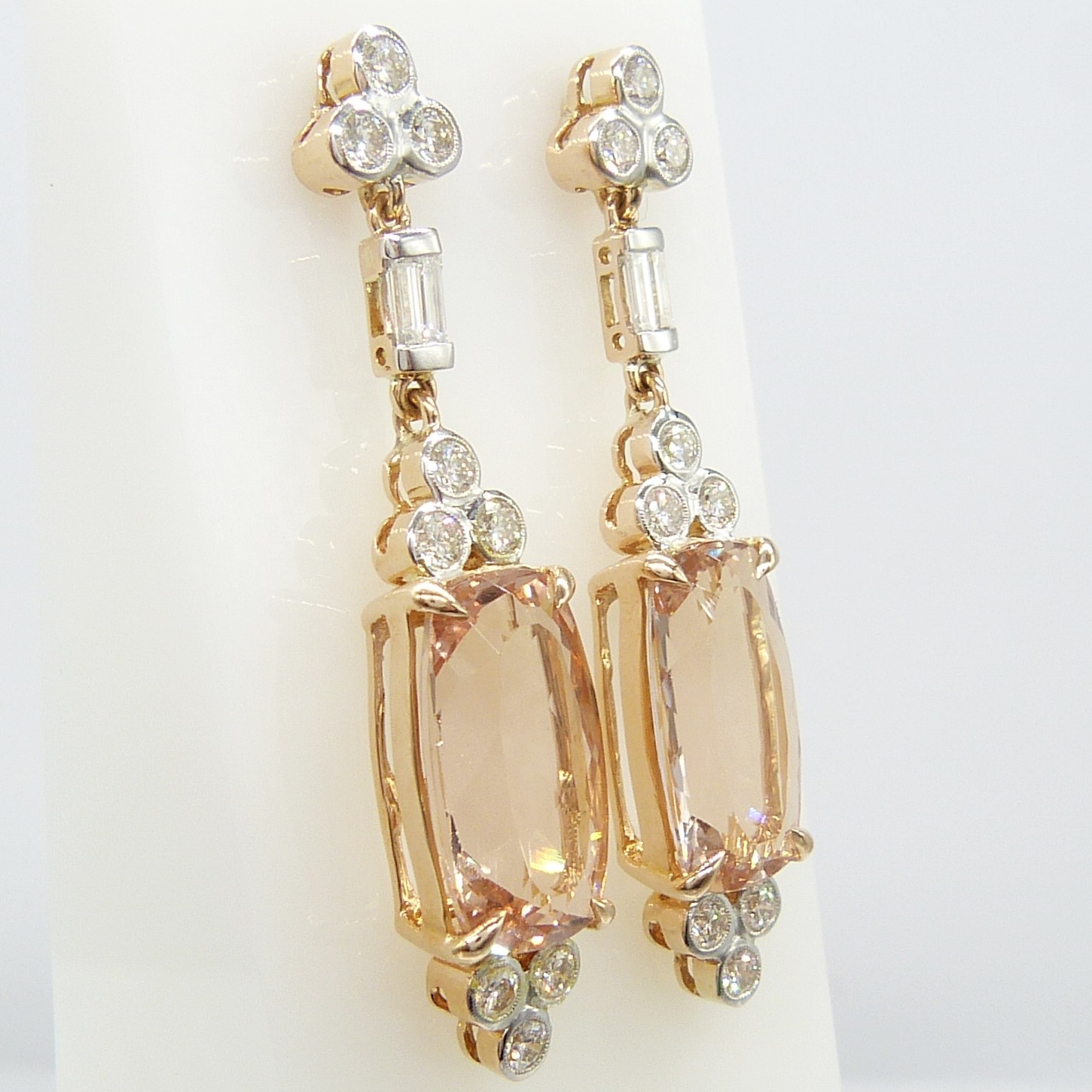 A fine quality pair of checkerboard cushion-cut morganite and diamond drop earrings in rose gold - Image 9 of 12