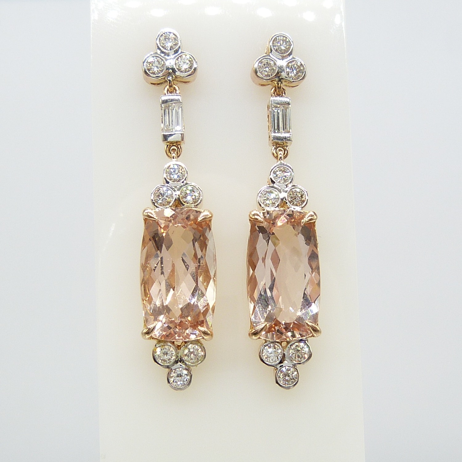 A fine quality pair of checkerboard cushion-cut morganite and diamond drop earrings in rose gold - Image 7 of 12