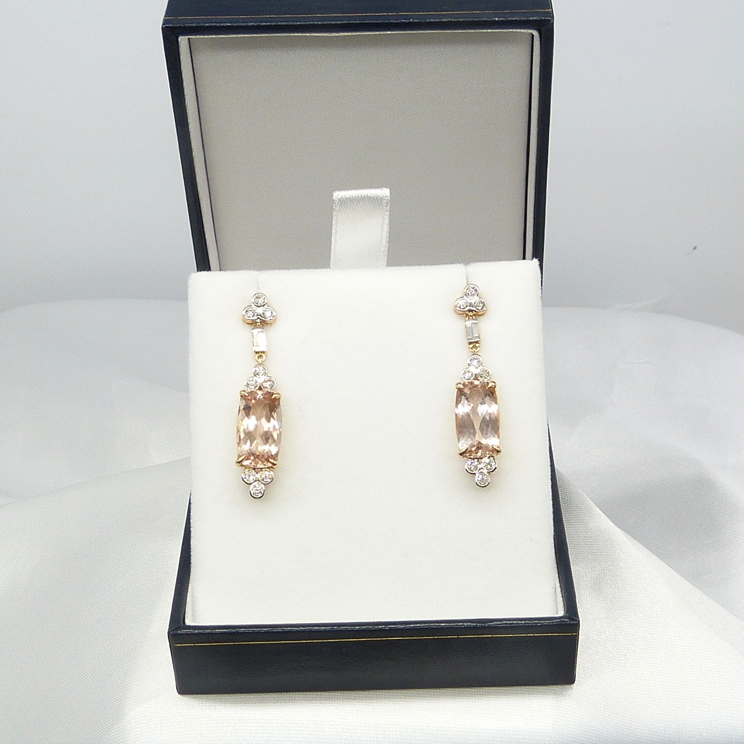 A fine quality pair of checkerboard cushion-cut morganite and diamond drop earrings in rose gold - Image 10 of 12