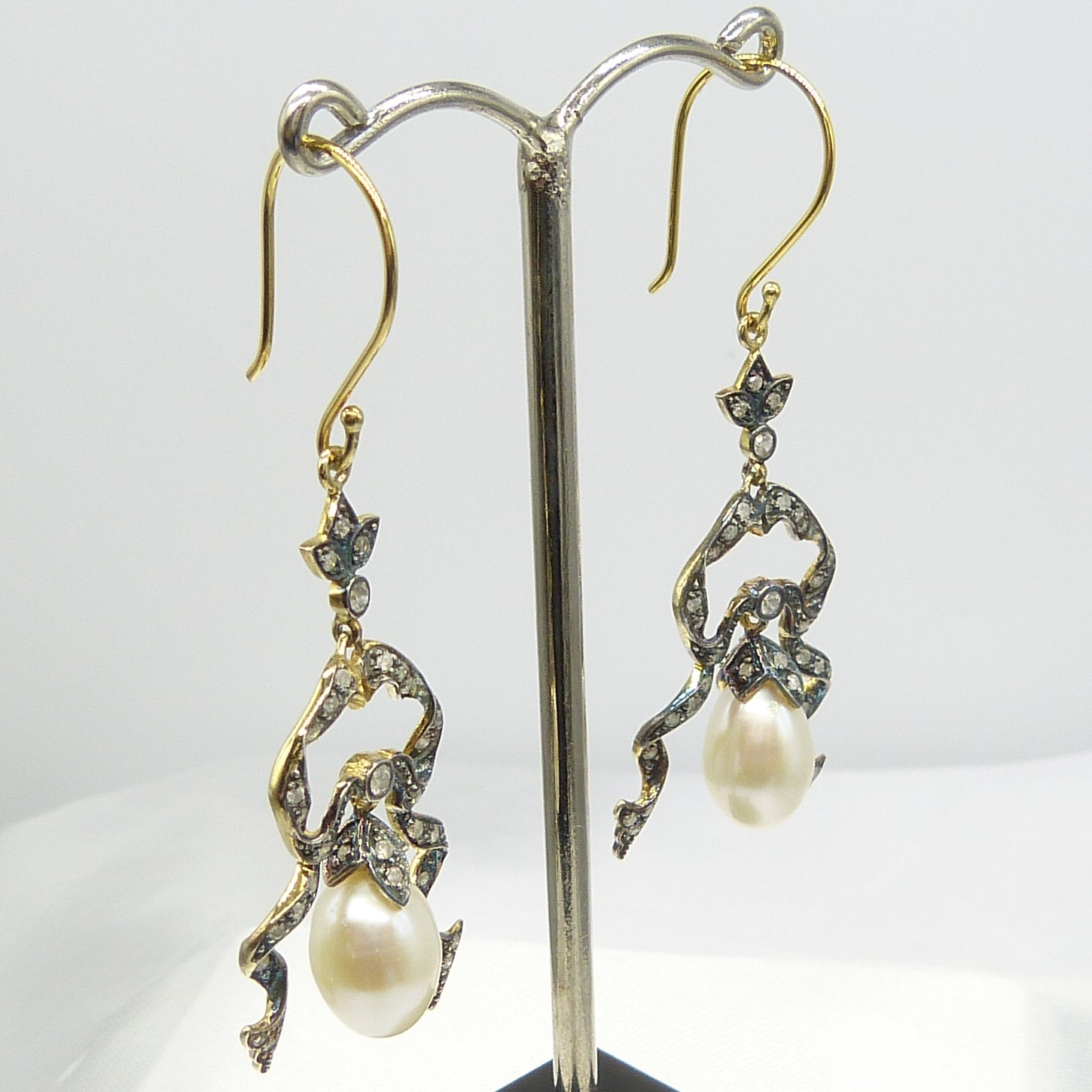 A pair of long drop ribbon-style earrings set with cultured pearls and Diamonds - Image 7 of 7