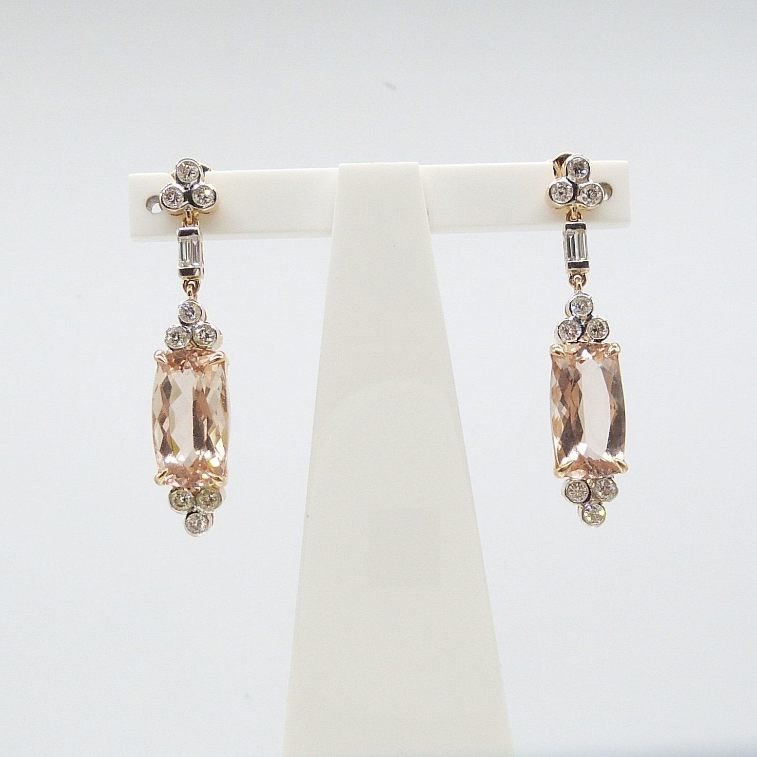 A fine quality pair of checkerboard cushion-cut morganite and diamond drop earrings in rose gold - Image 12 of 12