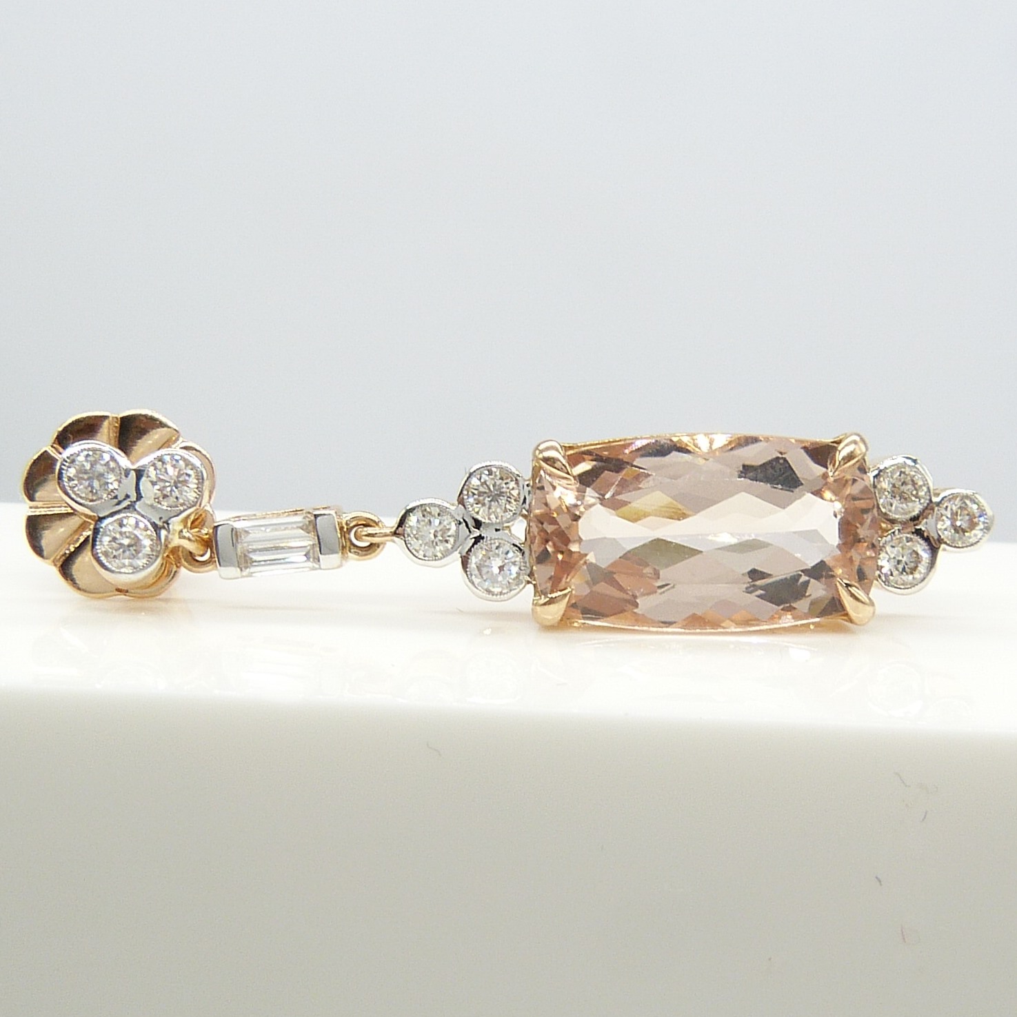 A fine quality pair of checkerboard cushion-cut morganite and diamond drop earrings in rose gold - Image 3 of 12