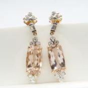 A fine quality pair of checkerboard cushion-cut morganite and diamond drop earrings in rose gold