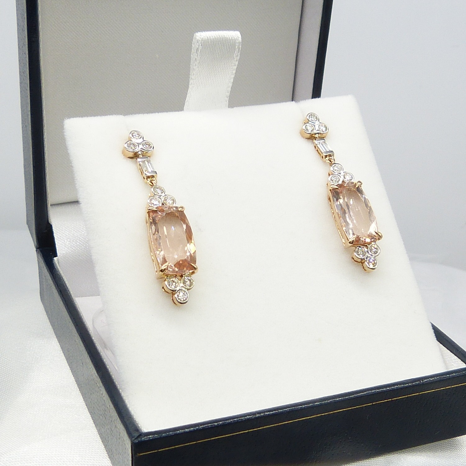 A fine quality pair of checkerboard cushion-cut morganite and diamond drop earrings in rose gold - Image 2 of 12