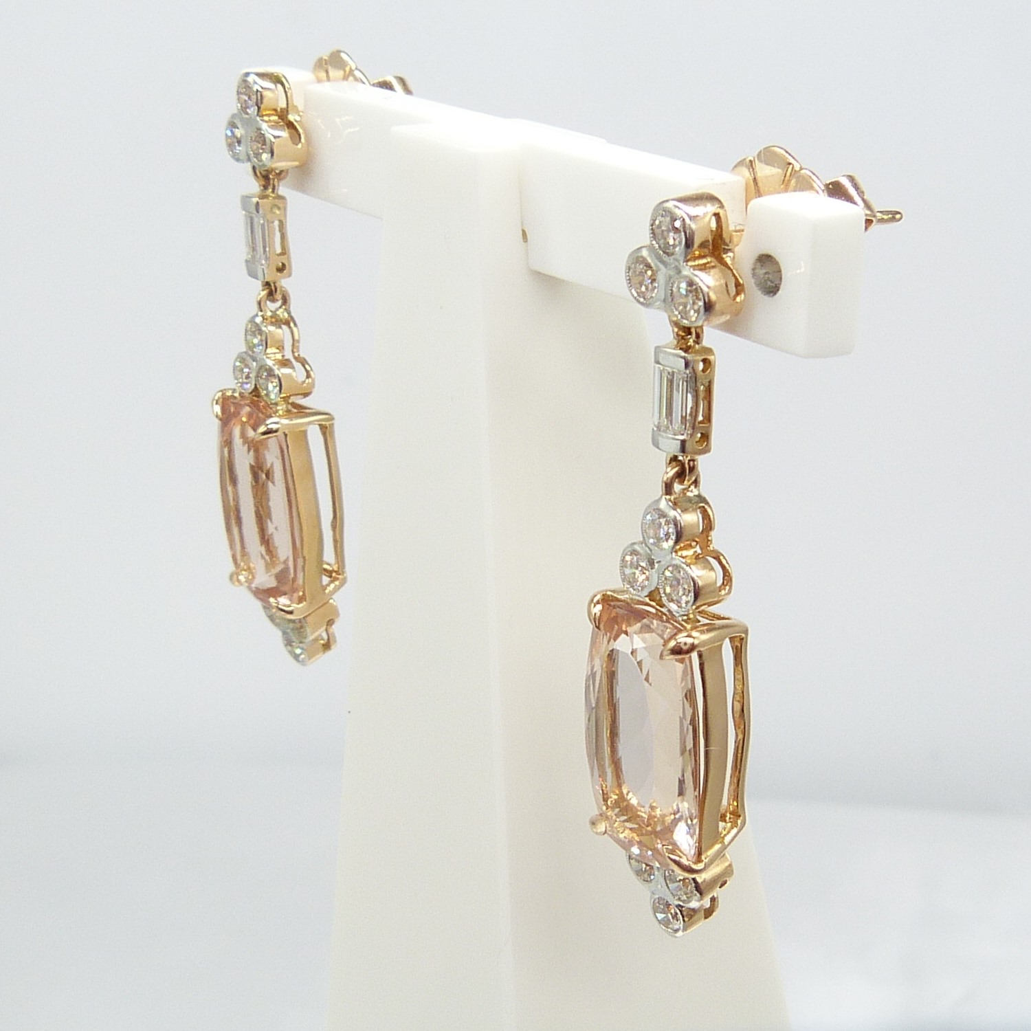 A fine quality pair of checkerboard cushion-cut morganite and diamond drop earrings in rose gold - Image 8 of 12
