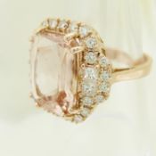 A fine quality large cushion-cut morganite (5.70 carat) and diamond cocktail ring in rose gold