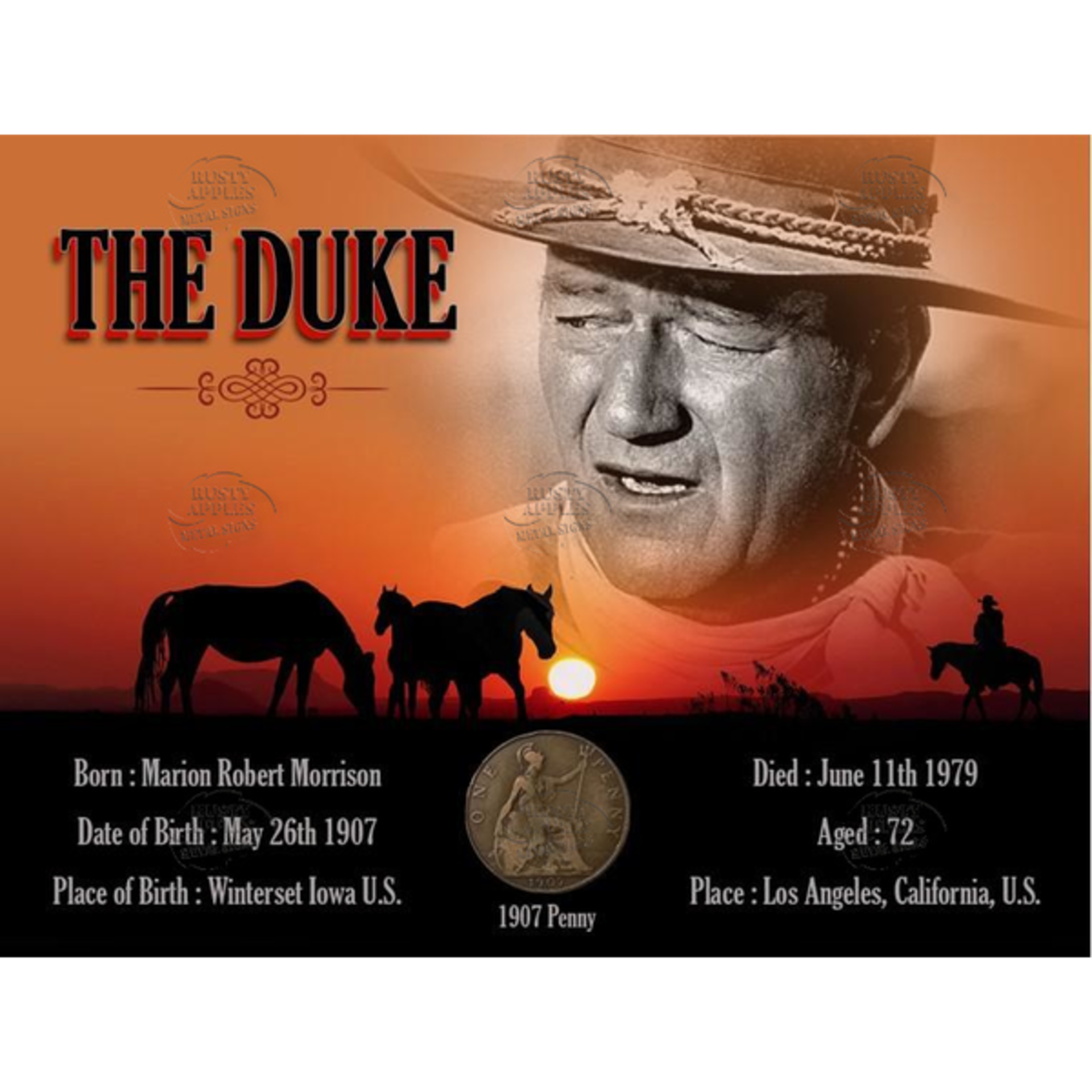 John Wayne ' The Duke ' Original 1907 Birth Penny Metal Designed Info Plaque
