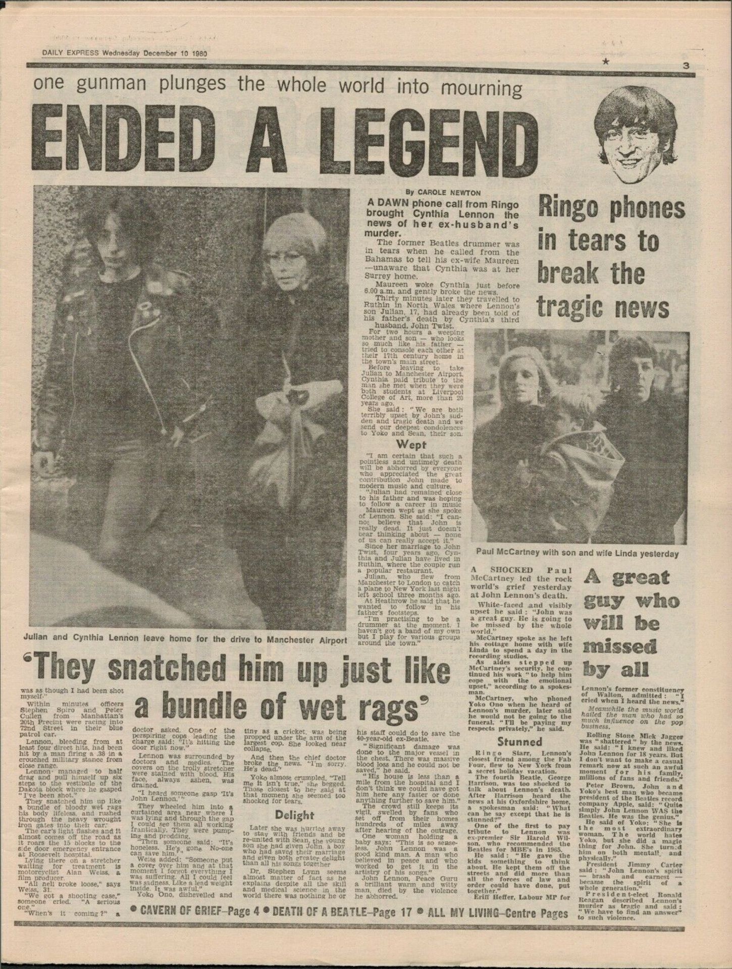 Beatles 1980 Newspaper 'Beatles The Man Who Lennon Dead' - Image 3 of 3
