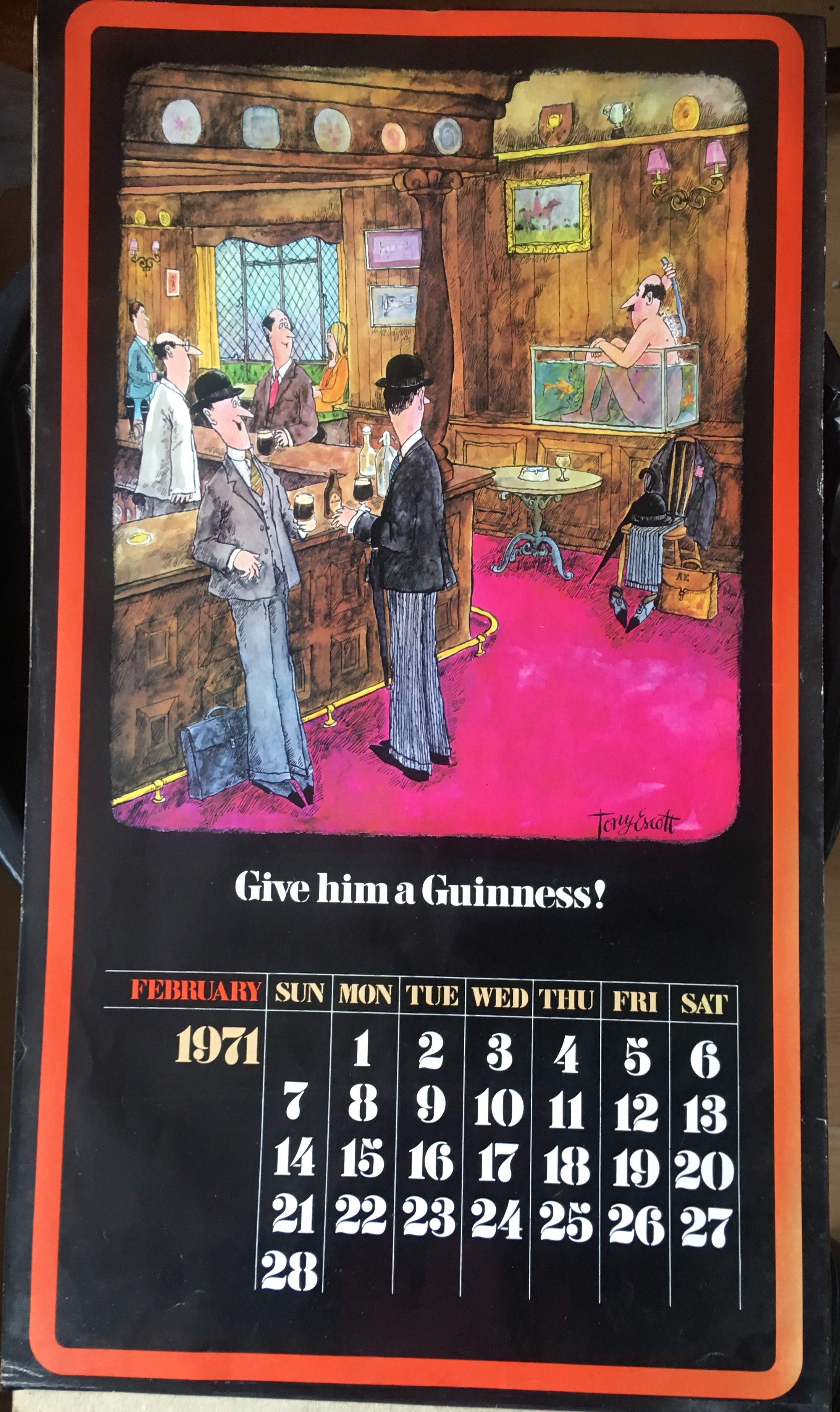 1971 Vintage 50 Years Old Guinness Calendar Month Print 'Tony Escott Cartoons' *9