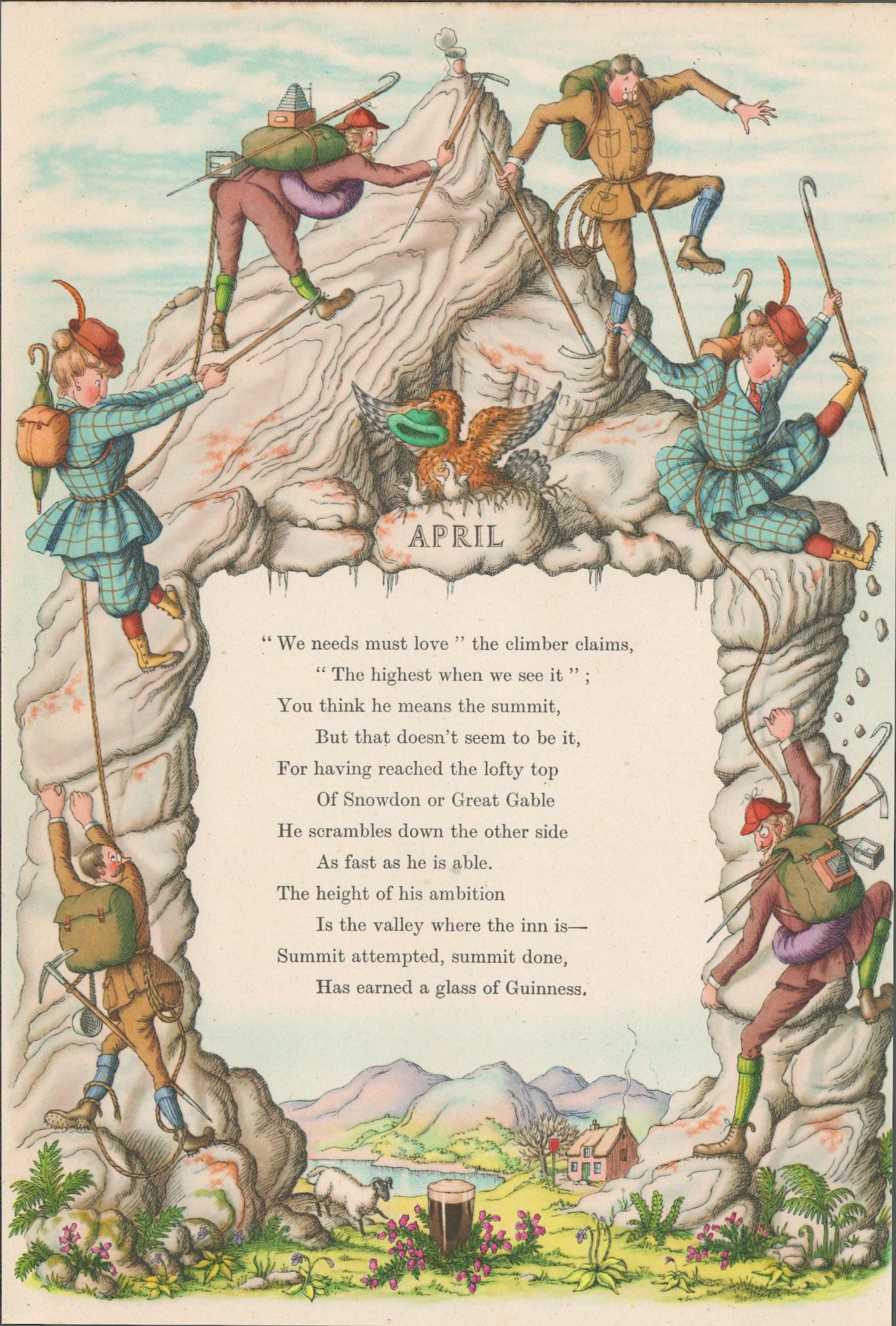 1952 Rare Guinness Double Sided Page 'Rock Climbers at the Summit'