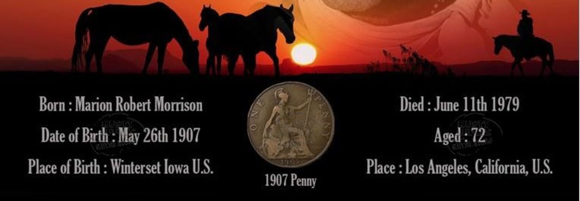 John Wayne ' The Duke ' Original 1907 Birth Penny Metal Designed Info Plaque - Image 2 of 3